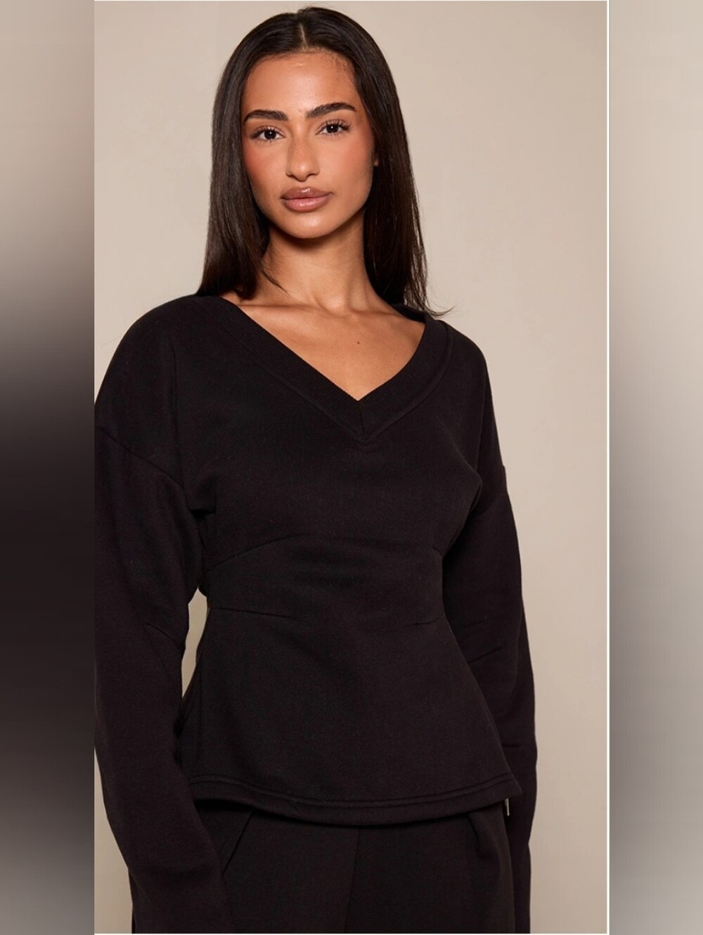 NWT PLT Petite Black V Neck Cinched Waist Sweatshirt